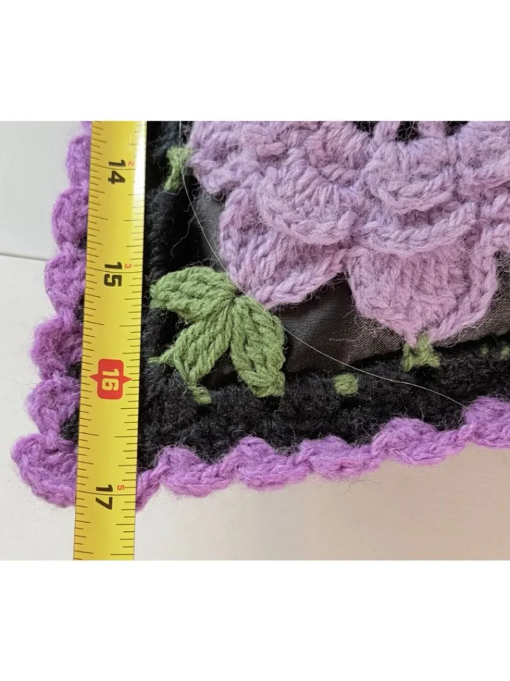 Handmade Crochet 3D Floral Granny Square Throw Pillow Purple Pink Black 16x16